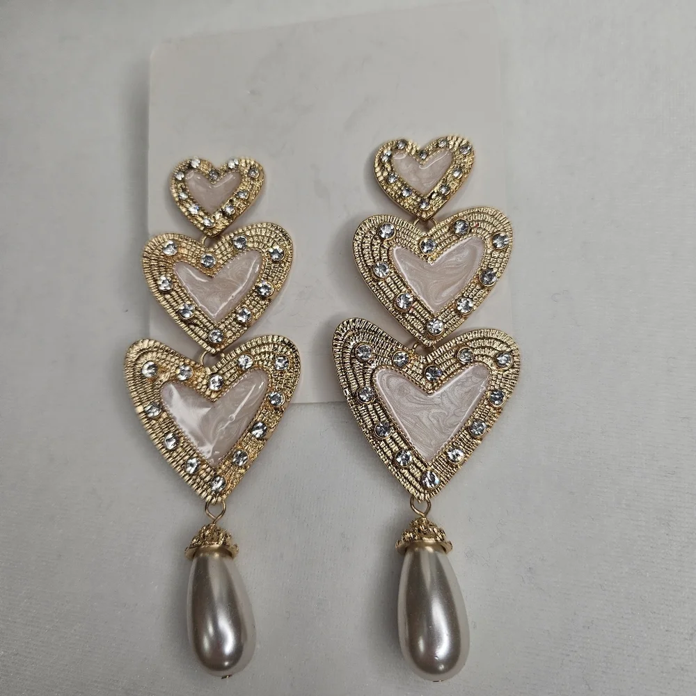 Light Pink Triple Hearts Pearl Rhinestone Statement Earrings Prom Jewelry